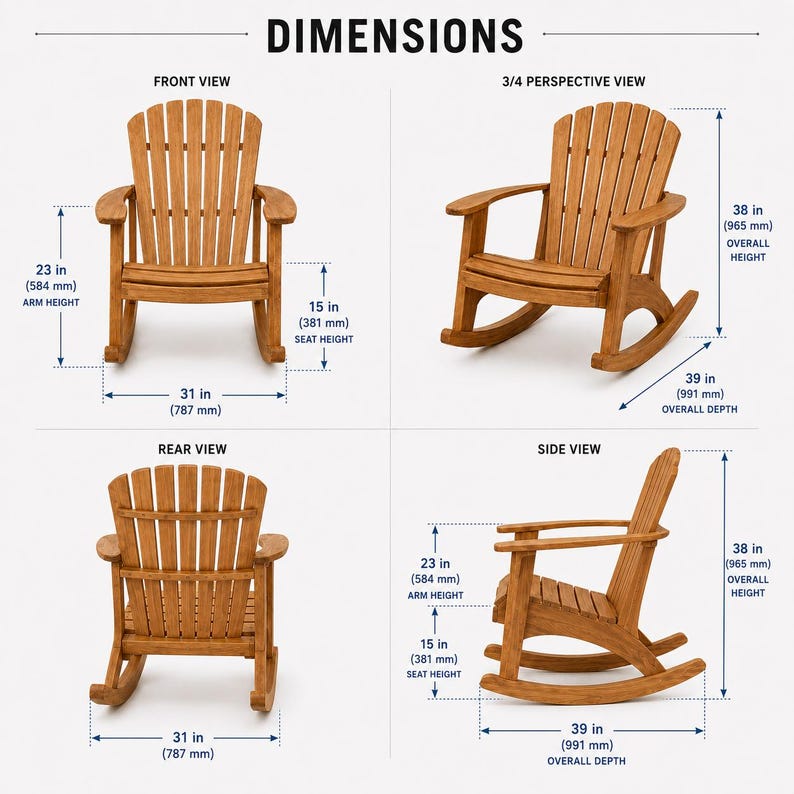 May include: A wooden rocking chair shown in front, rear, side, and 3/4 perspective views with dimension labels. The chair has a slatted back and seat. Dimensions include an overall height of 38 inches, seat height of 15 inches, arm height of 23 inches, and depth of 39 inches.