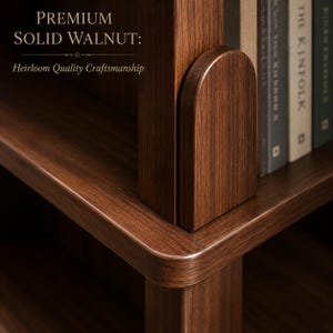 May include: Close-up of a solid walnut bookshelf with rounded edges. The wood grain is visible, and the text "PREMIUM SOLID WALNUT: Heirloom Quality Craftsmanship" is displayed. Books are visible on the shelf.