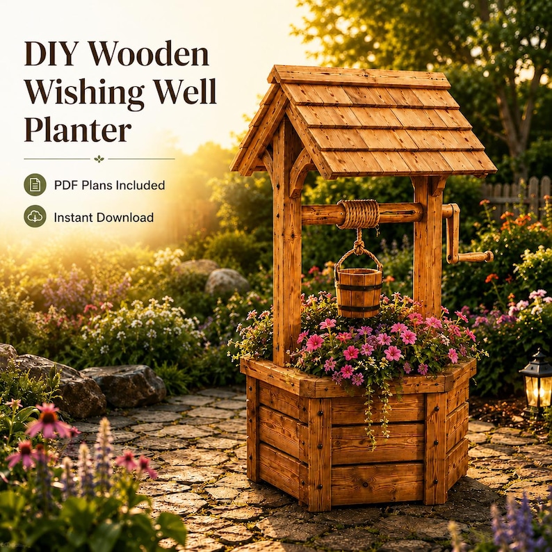 May include: A wooden wishing well planter featuring a shingled roof, a crank handle, and a hanging bucket. The text reads: DIY Wooden Wishing Well Planter, PDF Plans Included, Instant Download. The structure is made of light brown wood planks.