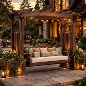 May include: A wooden swing set with a pergola-style roof, featuring a cushioned swing and decorative pillows. The structure is surrounded by flower boxes and lanterns, creating an inviting outdoor seating area. String lights are draped across the top.
