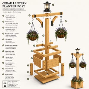 Puede incluir: Un diagrama de montaje despiezado de un poste jardinera con farol de cedro, que incluye un poste central de madera, un brazo superior con farol, dos cestas de flores colgantes y una base cuadrada. Etiquetas numeradas detallan los componentes.