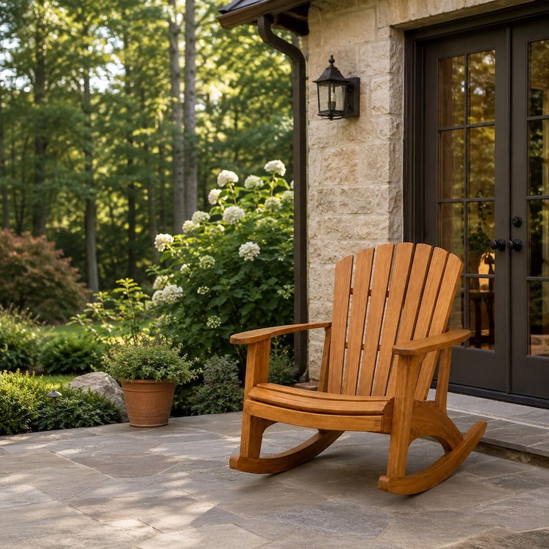 May include: A wooden rocking chair with a curved backrest and wide armrests, featuring a natural light brown finish. The chair is constructed with vertical slats on the back and a contoured seat, designed for outdoor use on a stone patio.