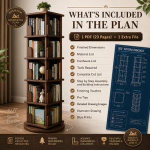 May include: A dark brown, rotating bookshelf filled with books, a globe, and decorative items. The image includes a blueprint and text that says "What's Included in the Plan" and "360&deg; Smooth Rotation".