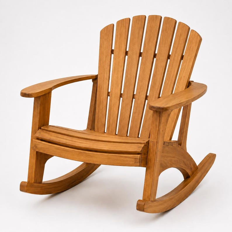 May include: A natural wood rocking chair featuring a tall, fan-shaped backrest with vertical slats, wide curved armrests, and a contoured seat. The chair is constructed with two curved rockers at the base, showcasing a smooth, light brown finish.