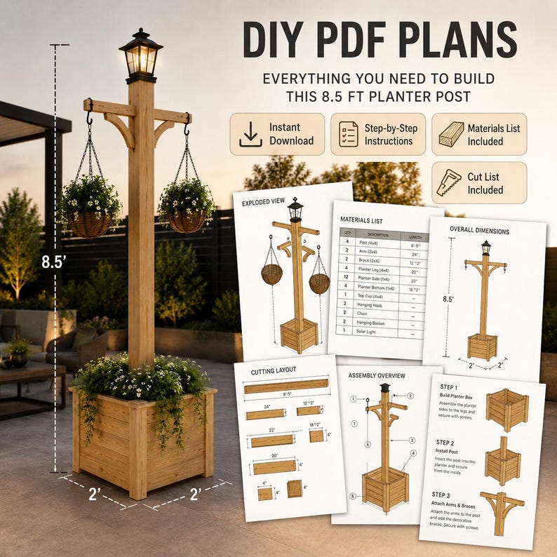 Puede incluir: Planos PDF DIY para un poste de jardinera de madera de 2,59 m de altura con luz solar y dos cestas colgantes. El documento incluye instrucciones paso a paso, lista de materiales, lista de corte y dimensiones totales de 0,61 m por 0,61 m.