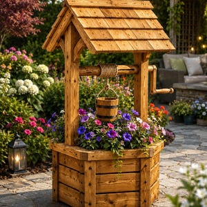 Puede incluir: Un pozo decorativo de madera que funciona como macetero, con base hexagonal, techo a dos aguas y una manivela funcional con cuerda y un pequeño cubo. El macetero está lleno de vibrantes flores de petunia en tonos morados, rosas y blancos.