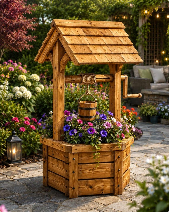 DIY Wooden Wishing Well Plans | Garden Flower Planter Blueprint | Printable PDF Woodworking Plans