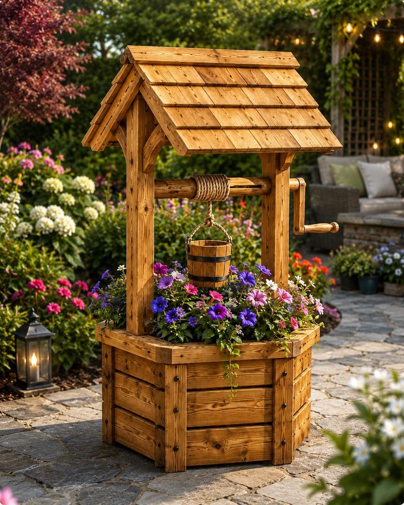 May include: A wooden wishing well planter featuring a hexagonal base, a gabled roof, and a functional crank with a rope and small bucket. The planter is filled with vibrant purple, pink, and white petunia flowers, showcasing a natural wood grain finish.