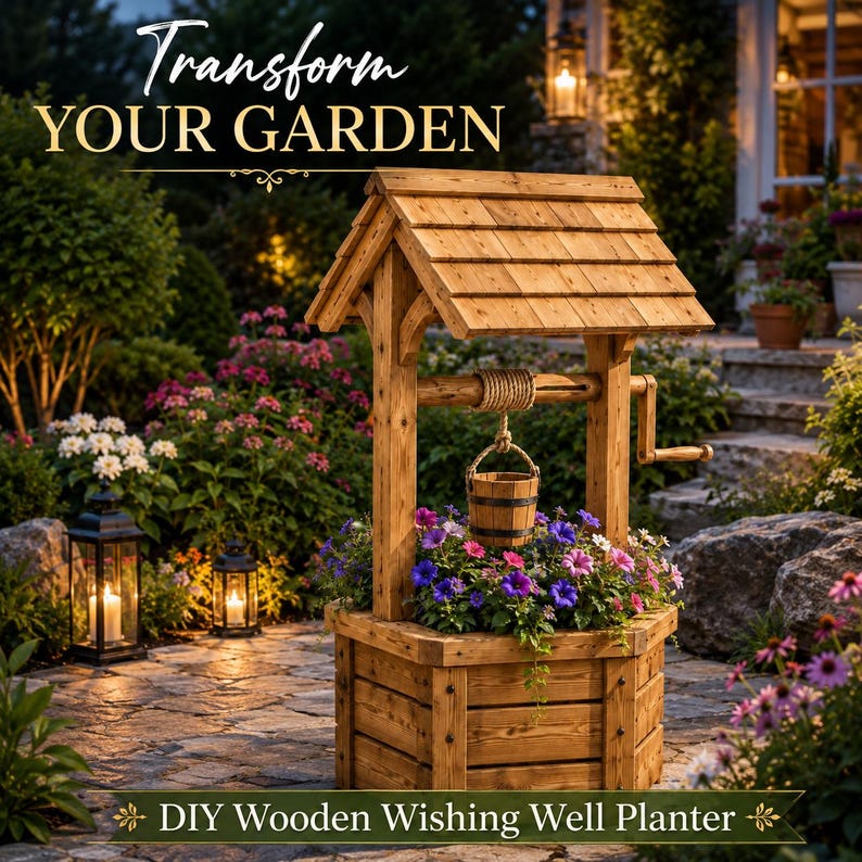 May include: A wooden wishing well planter with a shingled roof, a crank handle, and a hanging bucket. The structure is filled with purple and pink flowers. Text on the image reads: Transform YOUR GARDEN and DIY Wooden Wishing Well Planter.