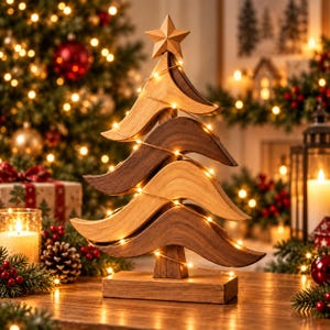 Peut inclure: Une sculpture décorative de sapin de Noël en bois composée de couches alternées de bois clair et foncé avec des branches courbes en forme de vagues. Une étoile à cinq branches orne le sommet, entourée d'une fine guirlande de lumières LED blanc chaud.