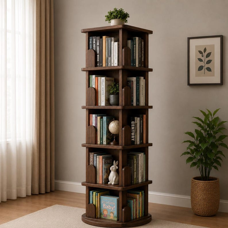 May include: A tall, dark brown, rotating bookshelf filled with books, a small globe, and a white ceramic bunny figurine. The bookshelf has multiple shelves and a small plant on top. The text "THE HOTEL BOOK", "KELLY HOPPERSTICK", and "CENTURY" are visible on the spines of the books.