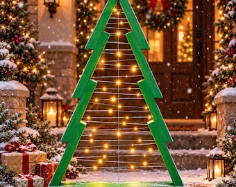 Planos en PDF para árbol de Navidad de madera para armar / Planos de carpintería para exteriores con iluminación (2x4) / Decoración navideña para el jardín
