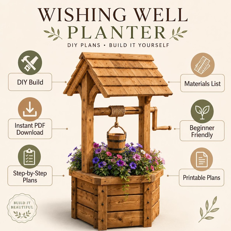DIY Wooden Wishing Well Plans | Garden Flower Planter Blueprint | Printable PDF Woodworking Plans image 12