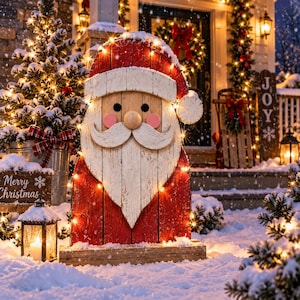 May include: A wooden Santa Claus cutout decoration featuring a red hat, a white beard, and a round nose, illuminated by warm string lights. The figure stands on a wooden base in a snowy outdoor setting with a Merry Christmas sign nearby.