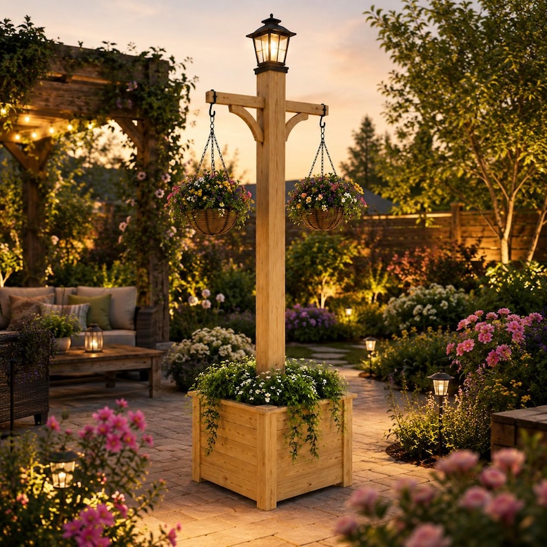 Puede incluir: Una jardinera de madera alta con un poste central que cuenta con una linterna superior y dos brazos horizontales. Dos cestas colgantes llenas de flores coloridas cuelgan de los brazos mediante cadenas negras. La base est&aacute; llena de follaje verde.