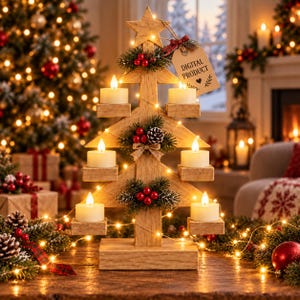 Op de afbeelding: Een houten kerstboom-kaarsenhouder met vijf witte waxinelichtjes, versierd met groene dennentakken, rode bessen en een kleine dennenappel. Een beige label aan de bovenkant bevat de tekst DIGITAL PRODUCT met een hartje en touwtje.