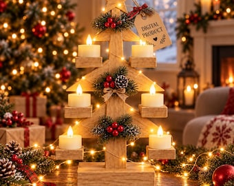 Planos para construir un portavelas de madera con forma de árbol de Navidad (proyecto escandinavo con velas LED) (descarga digital)