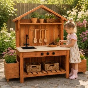 Può includere: Una cucina giocattolo in legno per esterni con tetto a capanna, rubinetto e lavello neri, tre manopole nere e un piano di lavoro. L'unità include un ripiano superiore con piante in vaso, utensili in legno appesi e due cesti in vimini.