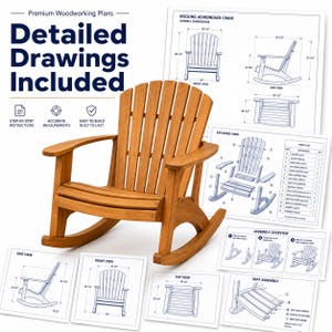 May include: A wooden rocking Adirondack chair with a curved backrest and wide armrests, displayed alongside technical woodworking plans. The plans include detailed drawings, an exploded view, parts list, and assembly steps with imperial measurements.