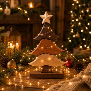 Op de afbeelding: Een decoratief houten kerstboombeeldje bestaande uit drie gestapelde, gebogen lagen in verschillende bruintinten, bekroond met een lichtgekleurde houten ster. De structuur rust op een rechthoekige houten voet en is omwikkeld met dunne lichtjes.