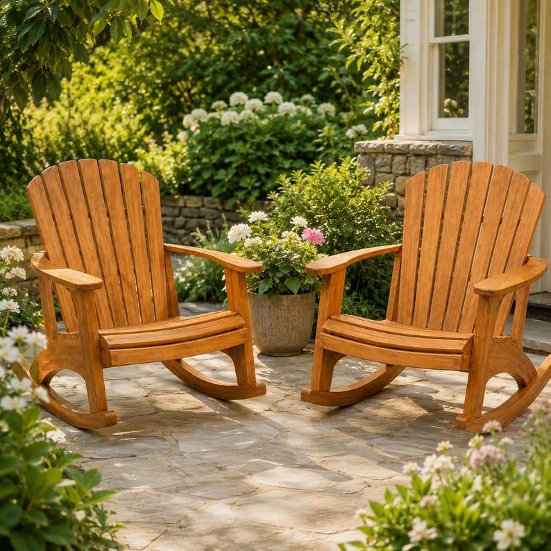 May include: Two wooden rocking chairs with a natural light brown finish, featuring curved backrests with vertical slats, wide armrests, and curved rockers, positioned on a stone patio with a potted plant placed between them.