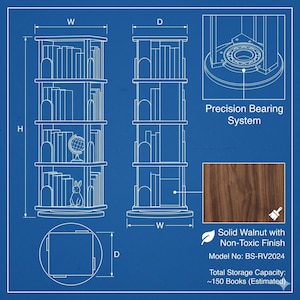 May include: Blueprint-style illustration of a rotating bookshelf. The design shows dimensions, a precision bearing system, and solid walnut construction with a non-toxic finish. The model number is BS-RV2024, with an estimated capacity of 150 books.