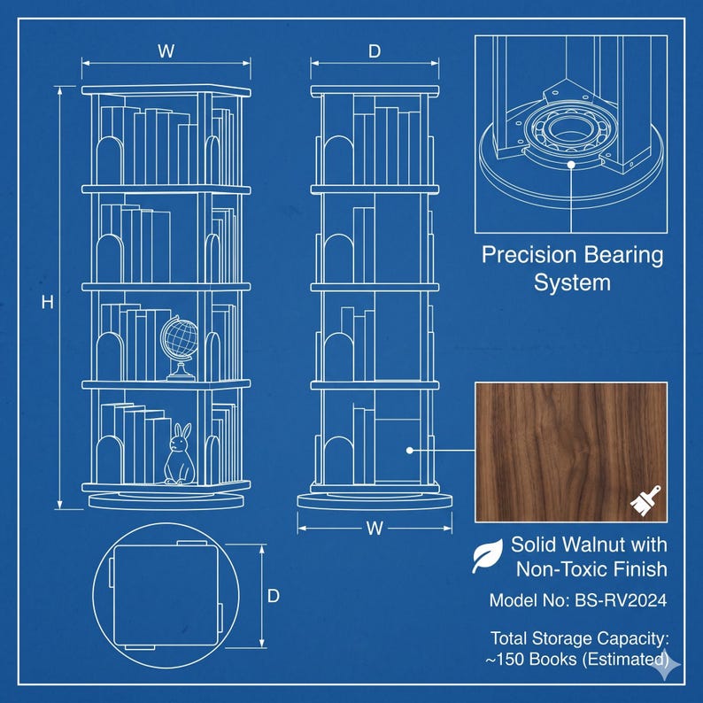 May include: Blueprint-style illustration of a rotating bookshelf. The design shows dimensions, a precision bearing system, and solid walnut construction with a non-toxic finish. The model number is BS-RV2024, with an estimated capacity of 150 books.