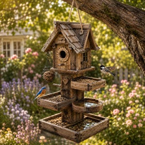 DIY Rustic Multi-Level Bird Feeder House Plans | Wooden Garden Feeder PDF Blueprint Digital Download