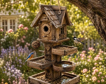 DIY Rustic Multi-Level Bird Feeder House Plans | Wooden Garden Feeder PDF Blueprint Digital Download