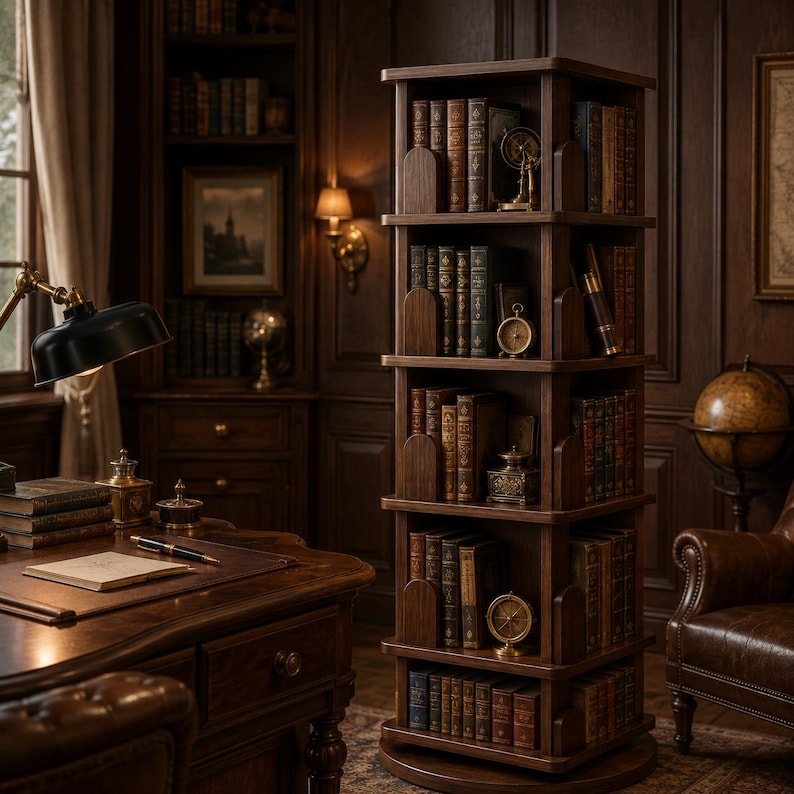 May include: A dark wood, rotating bookshelf filled with antique books. The bookshelf is in a study with a desk, lamp, and leather chair. Decorative items like a compass and telescope are on the shelves. The room has a classic, vintage aesthetic.