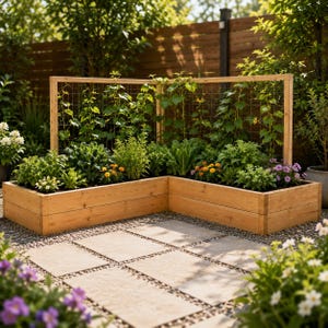 Op de afbeelding: Een L-vormige houten verhoogde plantenbak met twee geïntegreerde verticale draadspiers. De plantenbak is opgebouwd uit lichtbruine horizontale planken en bevat diverse groene bladgroenten, kruiden en kleine oranje en paarse bloemen.