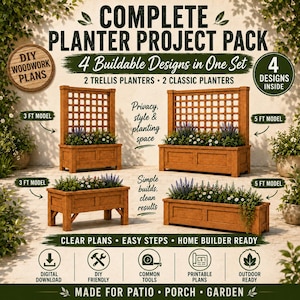 May include: A digital woodworking project pack featuring four planter designs: two trellis planters and two classic planters in 3-foot and 5-foot models. The set includes printable plans for patio, porch, and garden use, highlighting clear steps.