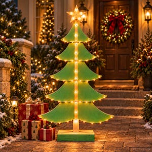 Pode incluir: Uma decoração de árvore de Natal em madeira verde, plana e estilizada, com uma faixa de luz vertical central e uma estrela brilhante no topo. A árvore assenta numa base retangular verde e está iluminada com luzes LED.