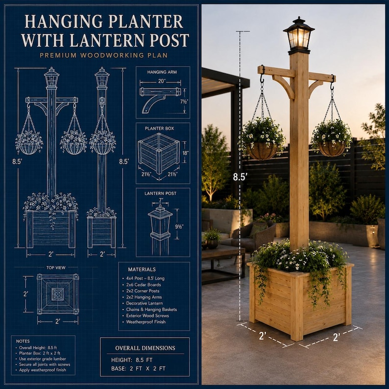 Puede incluir: Un plano de carpinter&iacute;a para una jardinera colgante con poste de farol, que incluye una caja de madera cuadrada, un poste de 2,59 metros de altura y dos cestas colgantes. La imagen muestra diagramas t&eacute;cnicos y dimensiones en metros.