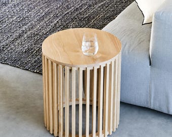 Modern Wooden Round Slatted Side Table – Scandinavian Japandi Nightstand - DIY Oak Plan