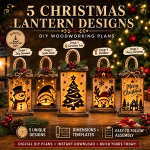 May include: A digital download PDF featuring 5 Christmas lantern designs with DIY woodworking plans. The image displays five wooden lanterns with rope handles, each illuminated and decorated with festive cutouts of a snowman, Santa, tree, reindeer, and a house.