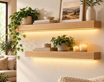 Plans d'étagères LED flottantes, guide de menuiserie PDF à faire soi-même, étagère avec éclairage encastré, guide des tailles sur mesure pour style ferme