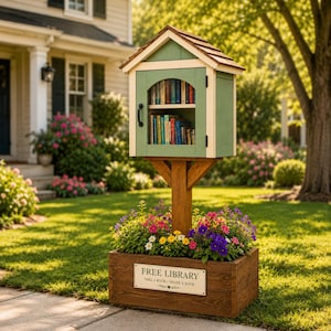 Könnte beinhalten: Eine kleine, grüne und cremefarbene öffentliche Bücherei aus Holz mit einem Schindeldach, gefüllt mit Büchern. Sie ist auf einem Holzpfosten über einem Blumenkasten mit bunten Blumen montiert. Das Schild lautet "KOSTENLOSE BIBLIOTHEK NIMM EIN BUCH TEILE EIN BUCH."
