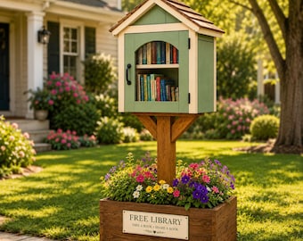 Cottage Style Little Free Library Plans – Woodworking Blueprint with Planter Base (PDF Download)