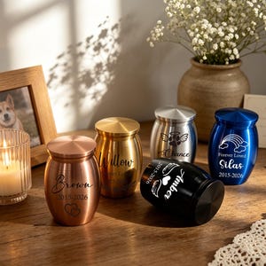 May include: A collection of five small metal cremation urns in copper, gold, silver, blue, and black finishes. Each urn is engraved with a name, dates, and a unique icon such as hearts, wings, or a rainbow. The urns feature a smooth, rounded shape with a removable lid, designed for memorializing pets or loved ones.