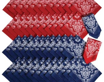 Bulk 48 Piece Red and Blue Bandana Assortment, 20 Inch Polyester Bandanas, Western Cowboy Scarf and Head Wrap Set
