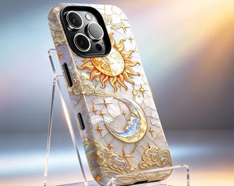 Celestial Sun Moon Phone Case, Pearl Opal Sky, Boho MagSafe iPhone Samsung Pixel Cover
