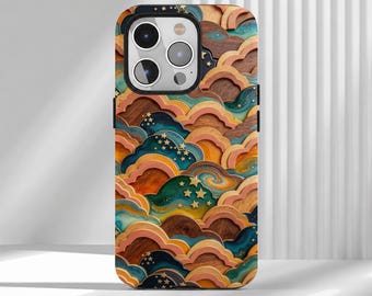 May include: A smartphone case featuring a layered, multi-colored design of stylized clouds and small stars. The pattern incorporates shades of deep blue, teal, orange, and light pink, with visible wood grain textures throughout the overlapping shapes.