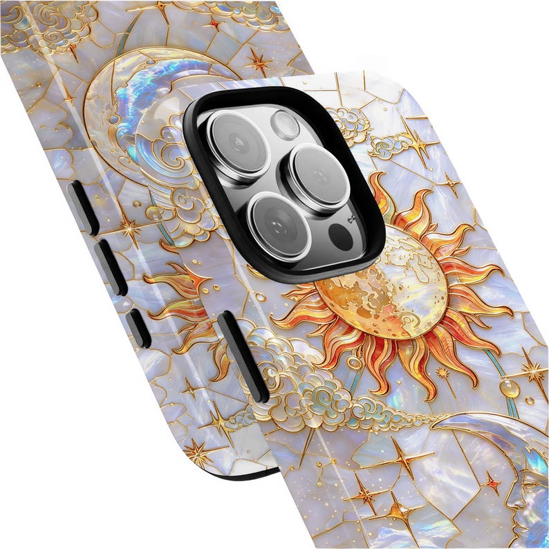 May include: A phone case with a celestial design. The case features a sun, moon, stars, and clouds against a pearlescent background with gold and iridescent accents. The camera lens is visible in the upper right corner.