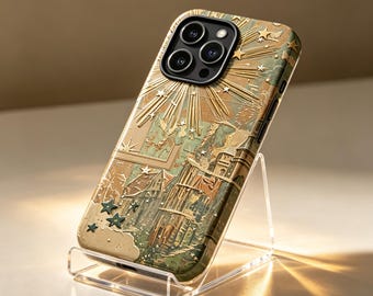 May include: A smartphone case featuring a detailed, embossed design in shades of sage green, tan, and gold. The artwork depicts a celestial scene with radiating sunburst lines, scattered stars, and architectural structures, all with a textured finish.