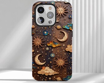 May include: A dark brown phone case featuring a celestial pattern with carved-style wooden suns, crescent moons, planets, and clouds. The design includes small gold stars and colorful accents on the clouds against a wood grain background.