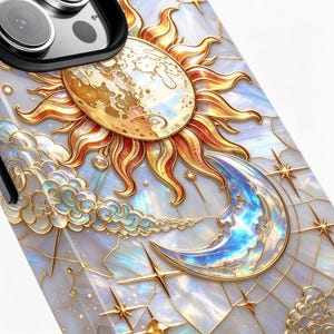 May include: A phone case with a celestial design, featuring a sun, moon, stars, and clouds. The design uses gold and iridescent accents on a white background. The sun has a detailed face, and the moon has a serene face.
