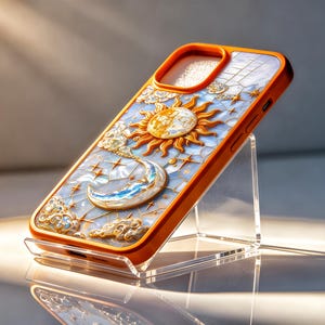 May include: An orange phone case featuring a celestial design with a raised sun and crescent moon motif. The background has a light blue, iridescent, tiled pattern with gold-colored stars and clouds. The case has a cutout for a camera lens.