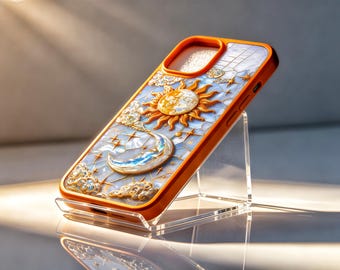 3D Celestial Sun Moon-telefoonhoes, glanzende oranje rand sterrenhemel beschermhoes