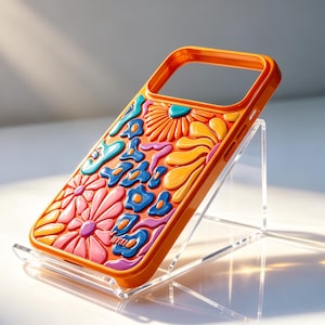 May include: A bright orange phone case featuring a raised, three-dimensional design of colourful flowers and abstract shapes in shades of pink, blue, yellow, and orange. The case has a glossy finish and a cutout for a camera lens on the top section.
